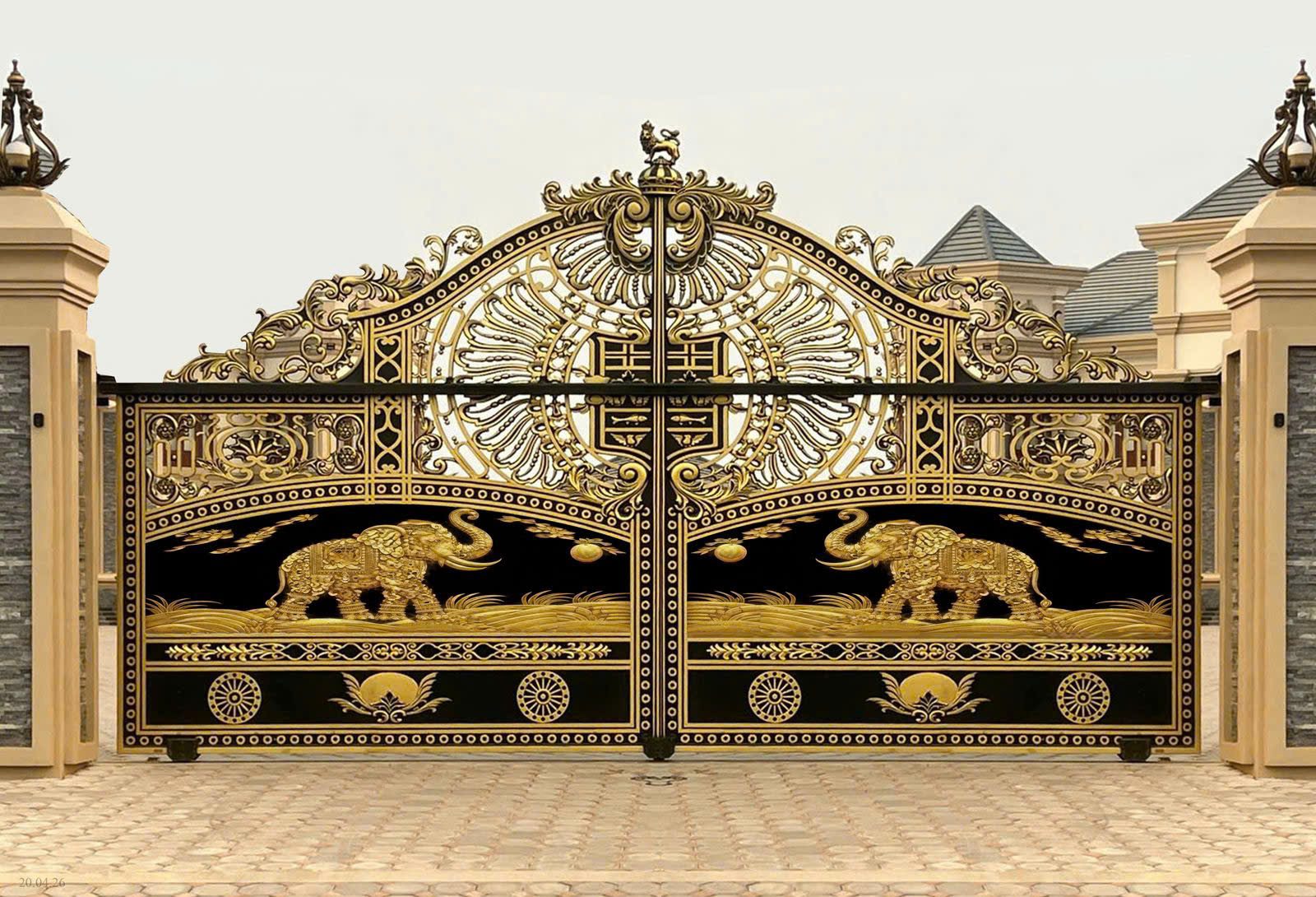 Cổng nhôm đúc Voi Vàng Phong Thủy