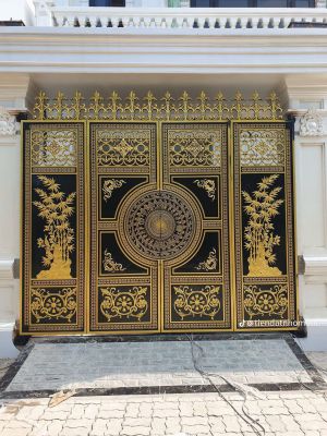 Cổng nhôm đúc 4 Cánh Trống Đồng Mạ Vàng